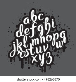 Hand drawn graffiti font alphabet. Brush pen letters. Handwritten script font. Hand lettering custom typography with graffiti paint flows and blots