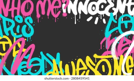 Hand drawn graffiti frame with realistic spray texture, transparent aerosol layering and bright paint drips, colorful words and sweeping strokes surrounding a dark empty center with urban tension