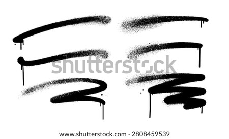 Hand drawn graffiti stroke set on light background with realistic spray texture, soft transparent aerosol fade and black paint drips, expressive curved lines with raw street rhythm, gestural balance.