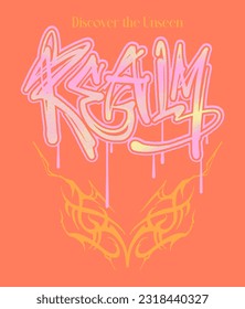 hand drawn graffiti style slogan saying that realm with tribal tattoo illustration and wordings in vintage bad photocopy style