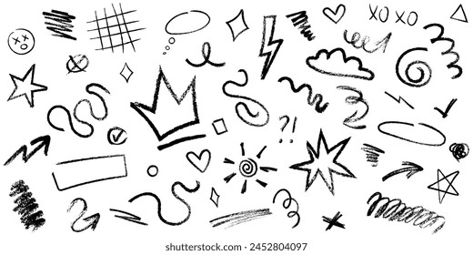 Hand drawn graffiti style squiggles. Doodle chalk symbols: crown, hearts, arrows, textbox, stars. Charcoal scribbles, grunge texture vector elements