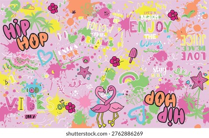 Hand Drawn Graffiti Style Summer Wallpaper with Palm Trees, Tropical Flowers, and Motivational Lettering