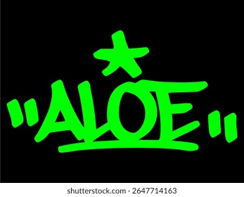 Hand drawn graffiti tag of "Aloe" with bold green lettering on black background. Urban street art style perfect for nature, plant, and botanical themes.