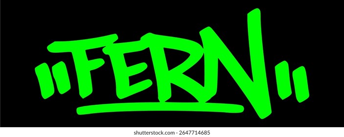 Marca de grafite desenhada à mão de "Fern" em verde sobre preto. Arte de rua inspirada na natureza com uma vibração tropical e folhosa, perfeita para os amantes da selva, da floresta e das plantas.