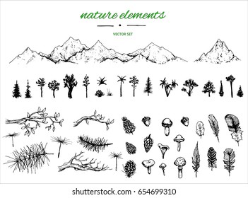 hand drawn grafic set with nature and forest elements: mountains, trees, moushroom, foliage, plumes