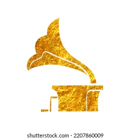 Hand drawn Gramophone icon in gold foil texture vector illustration