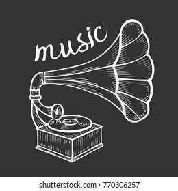Hand drawn gramophone, sketch. Music, nostalgia symbol. Vintage vector illustration. Isolated on black background