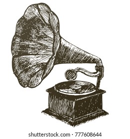 Hand drawn gramophone, sketch. Music, nostalgia symbol Vintage vector illustration