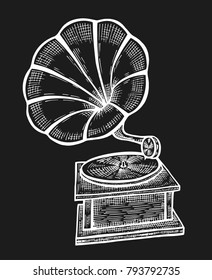 Hand drawn gramophone, sketch. Music, nostalgia symbol. Vintage vector illustration. Isolated on black background