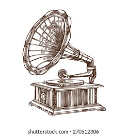 Hand drawn gramophone in vector. Vintage gramophone isolated on white. 