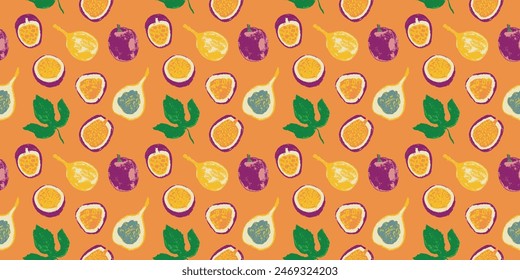 Hand drawn granadilla pattern.Tropical fruit banner. Vector passion fruit seamless pattern. Colorful exotic fruits ornate print. Natural background for cosmetics, fruits puree or juice label.