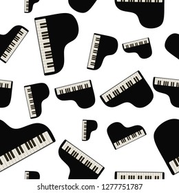 Hand drawn grand piano seamless pattern for musical store or school. Cartoon jazz, blues or classical music festival instrument. Vector isolated element.