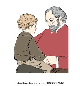 Hand drawn grandfather with his grandson. Friendly family. Vector illustration for children's books.