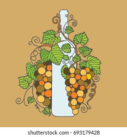 Hand drawn grape branches and wine bottle color illustration.
Bottle with grape vine ornament.