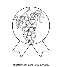 Hand drawn Grape floral logo, frame, border, promo element. Brand emblem template. Minimalistic monogram. Rustic elegant trademark or logotypes background.