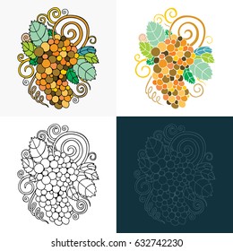 Hand drawn grape illustration set.
Grape icon, logo and background.
Wine theme design elements.
