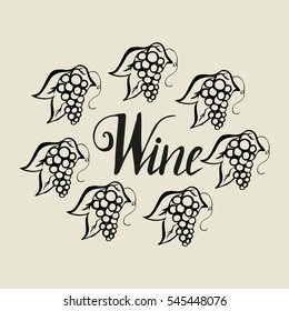 Hand drawn grape and lettering wine. Vector. Brush pen, inc.
