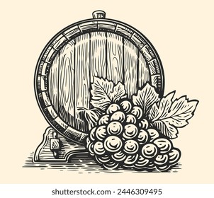 Hand drawn grape and old wooden wine barrel. Oak cask sketch. Vintage vector illustration