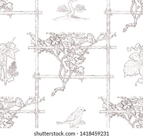 Hand drawn grape and vine with bird sitting on tree seamless pattern. Vintage engraving style