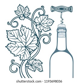 Hand drawn grape vine, corkscrew, cork and wine bottle illustration.