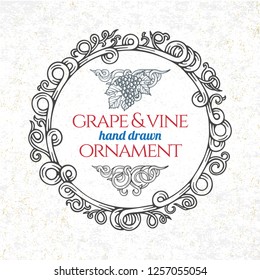 Hand drawn grape and vine engraving style illustration. 