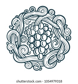 Hand drawn grape vine illustration. 
Bunch of grapes vector design element.
Grape and vine logo and background.