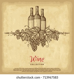 Hand drawn grape wreath with wine bottles. Old paper texture background. Template for your design works. Engraved style vector illustration.