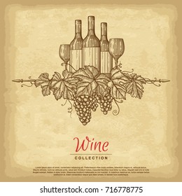 Hand drawn grape wreath with wine bottles and glasses. Old paper texture background. Template for your design works. Engraved style vector illustration.