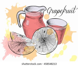 Hand drawn grapefruit with juice in glass jug. Watercolor background.