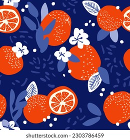 Hand drawn grapefruit vector seamless pattern. Citrus background with flowers and leaves.