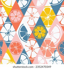 Hand drawn grapefruits or colorful floral. Summer colored pink seamless pattern. Vector illustration of lime, pomelo, grapefruit, lemon.
