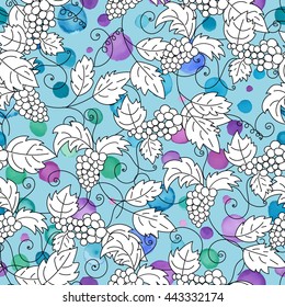 Hand drawn grapes seamless pattern. Doodles elements on blue background. Vector illustration.