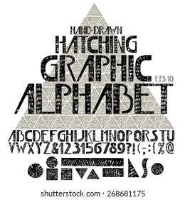 Hand drawn graphic alphabet in hatching technique. Vector letters and numerals. Composite triangle on background. Geometric shapes. 
