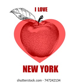 Hand drawn graphic apple on red heart. i Love New York logo
