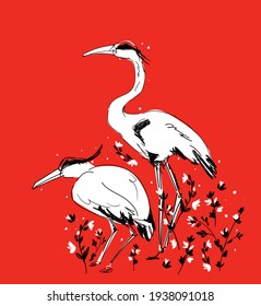 Hand drawn graphic art Crane bird, illustration bird vector
