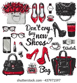 Hand drawn graphic bags different design, glasses, watch, coffee cup, smartphone, shoes, lipstick, lettering. Big vector fashion illustration accessories sketch set. Isolated vogue fashion elements