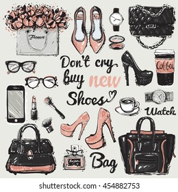 Hand drawn graphic bags different design, coffee cup, smartphone, shoes, glasses, watch, lipstick, lettering. Big vector fashion illustration accessories sketch set. Isolated vogue fashion elements