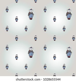 Hand drawn graphic bear. Nautical vector summer kid fashion. Cartoon sea baby seamless pattern in retro style. Marine endless background.