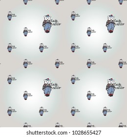 Hand drawn graphic bear sailor. Nautical vector summer kid fashion. Cartoon sea baby seamless pattern in retro style. Marine endless background.