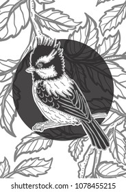 Hand drawn graphic bird. Vector isolated illustration on a white background with grey leaves floral pattern.