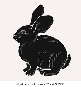 Hand drawn graphic black bunny silhouette. Vector monochrome illustration.