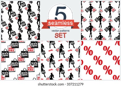 Hand drawn graphic for black friday sale. Promo percent discount and sale fashion woman silhouette with shopping bags seamless pattern. Set of 5 vector seamless pattern.