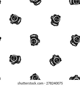 Hand drawn graphic black and white sketched camera. Set of modern photo items seamless pattern. Hatched line art sketch on white background 