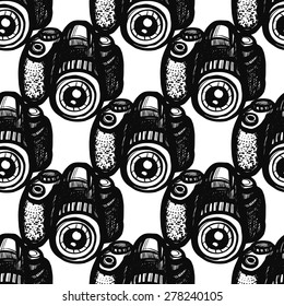 Hand drawn graphic black and white sketched body. Set of modern photo items seamless pattern. Hatched line art sketch on white background 