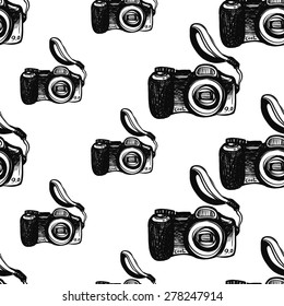 Hand drawn graphic black and white sketched digital. Set of modern photo items seamless pattern. Hatched line art sketch on white background 