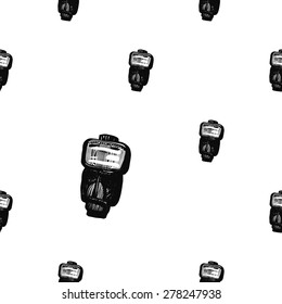 Hand drawn graphic black and white sketched flash. Set of modern photo items seamless pattern. Hatched line art sketch on white background 