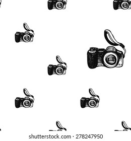Hand drawn graphic black and white sketched digital. Set of modern photo items seamless pattern. Hatched line art sketch on white background 