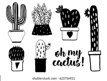 Hand drawn graphic cacti and succulent set. Black and white