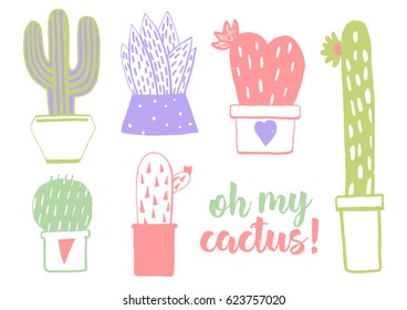 Hand drawn graphic cacti and succulent set. Pastel colors.
