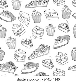 Hand drawn graphic cakes and muffins. Vector seamless pattern